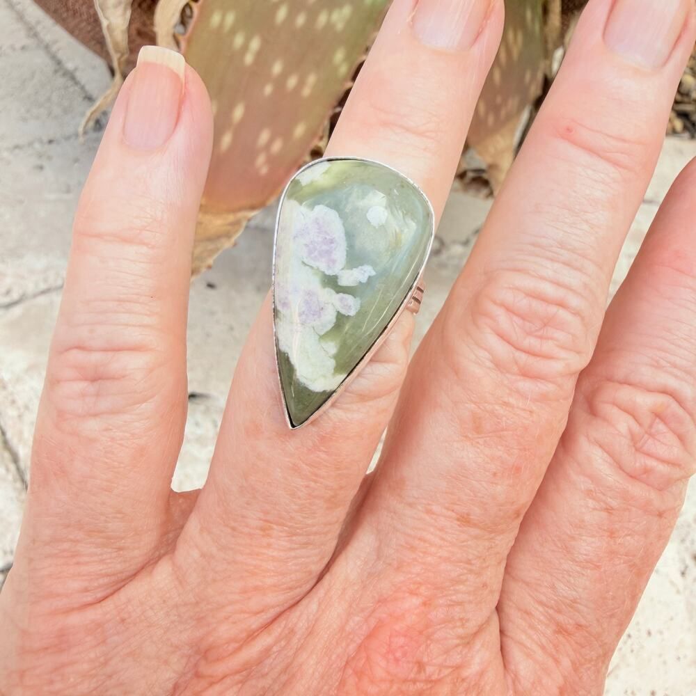 Peace Jade Teardrop 925 Silver Overlay Ring Size 6.5